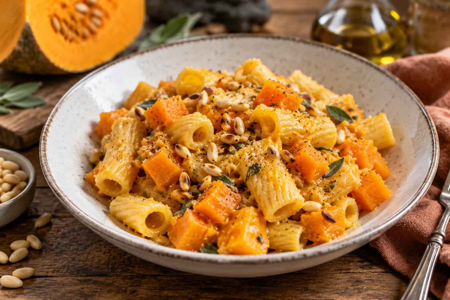 Hai della zucca in frigo? Prova questa pasta con pinoli tostati, semplice e irresistibile